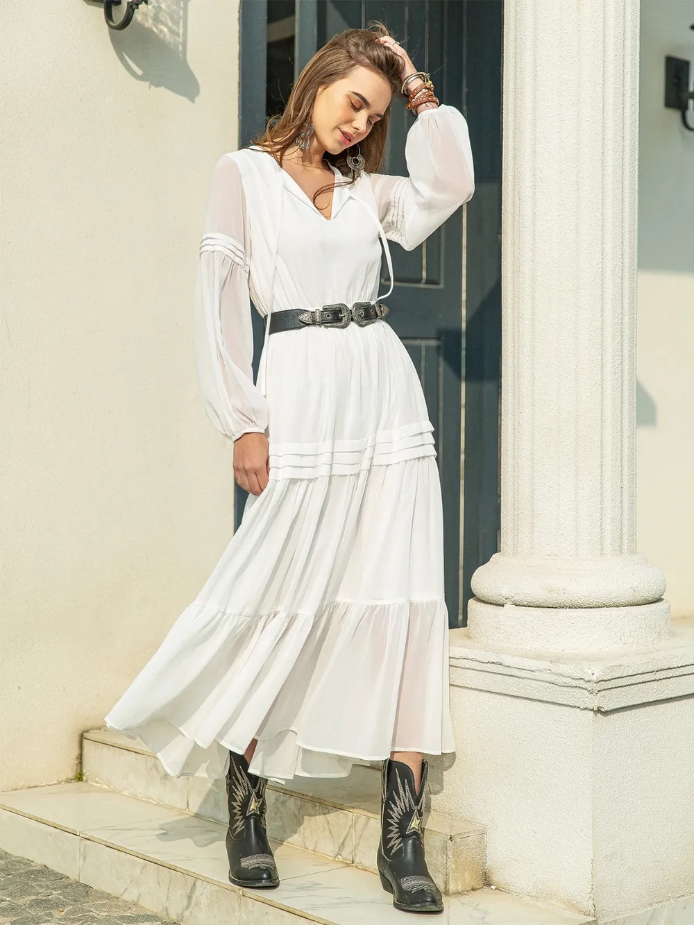 Tie Neck Long Sleeve Midi Tiered Dress, image 34