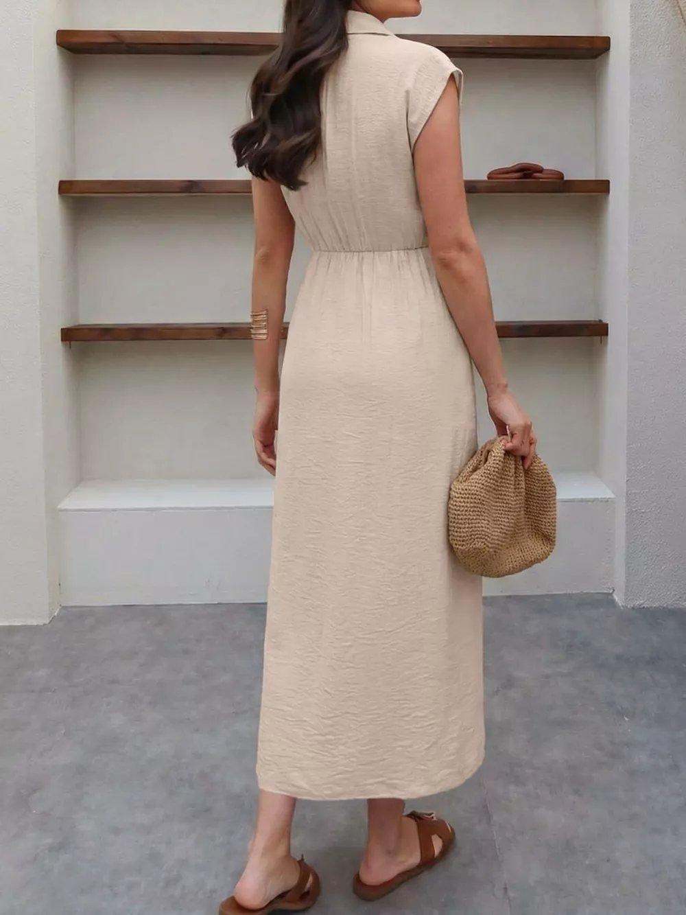 Sleeveless Button-Down Tie Waist Midi Dress, image 5
