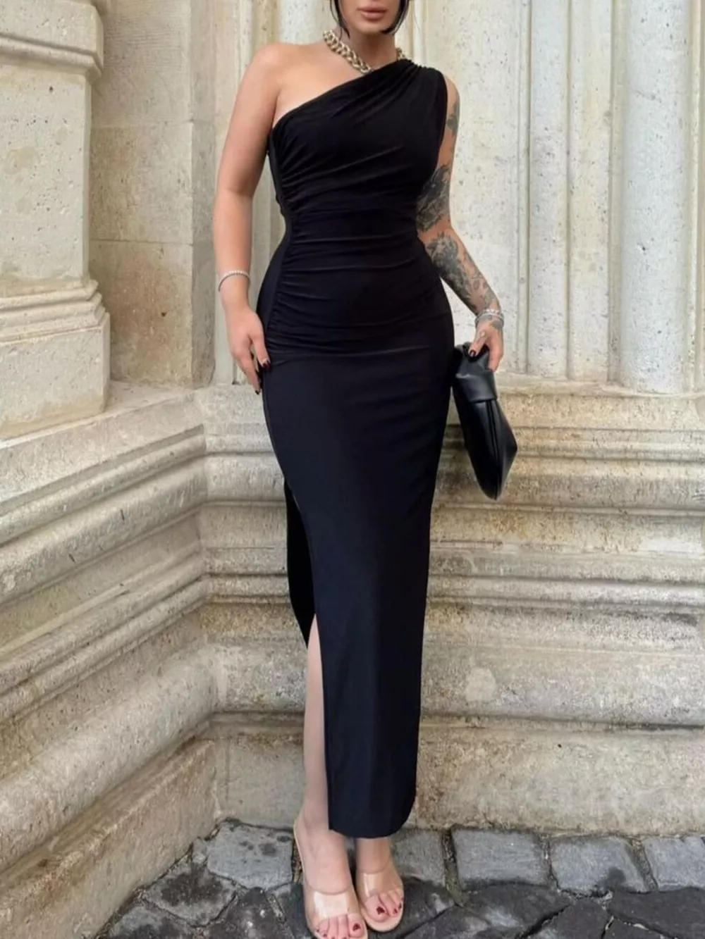 One-Shoulder Ruched Bodycon Slit Dress, image 11