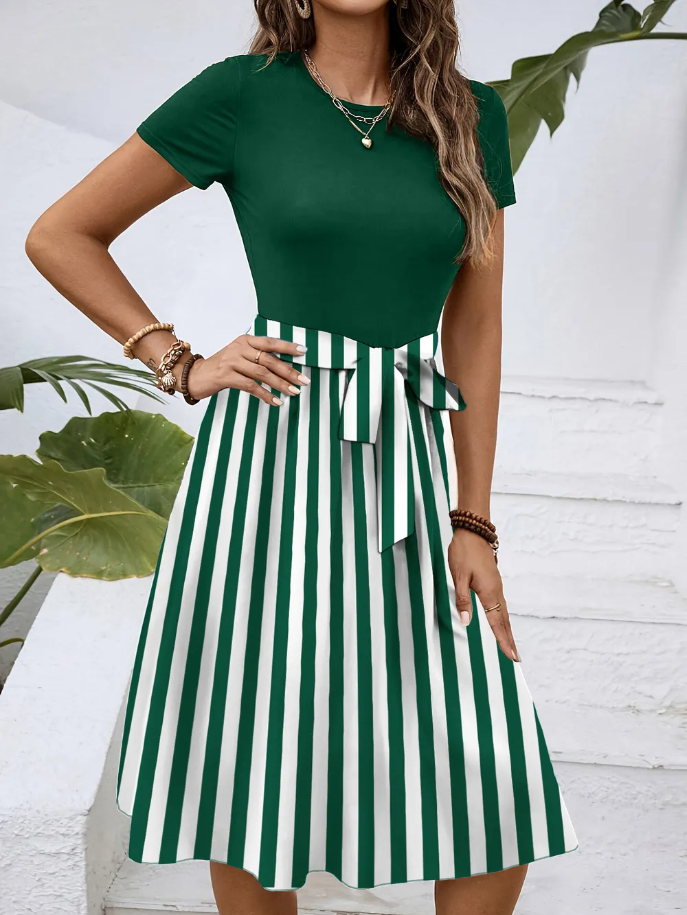 Striped Round Neck Short Sleeve Dress, image 20