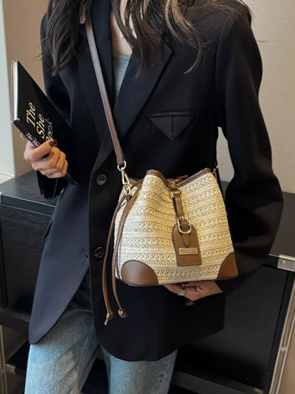 Woven Straw Bucket Crossbody Bag, image 8