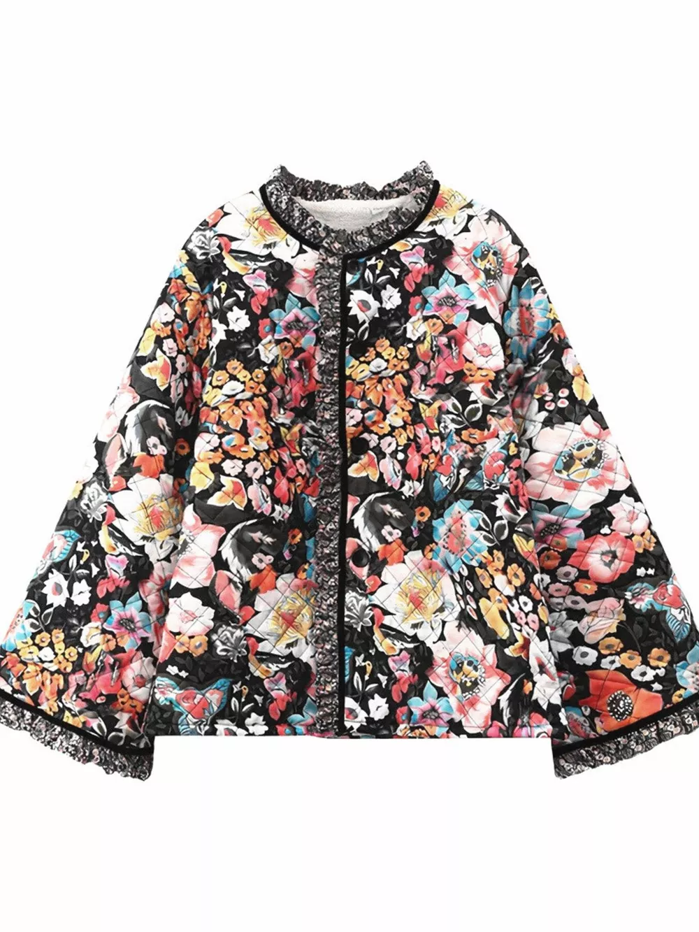 Full Size Floral Print Quilted Sherpa-Lined Jacket Plus Size, image 5