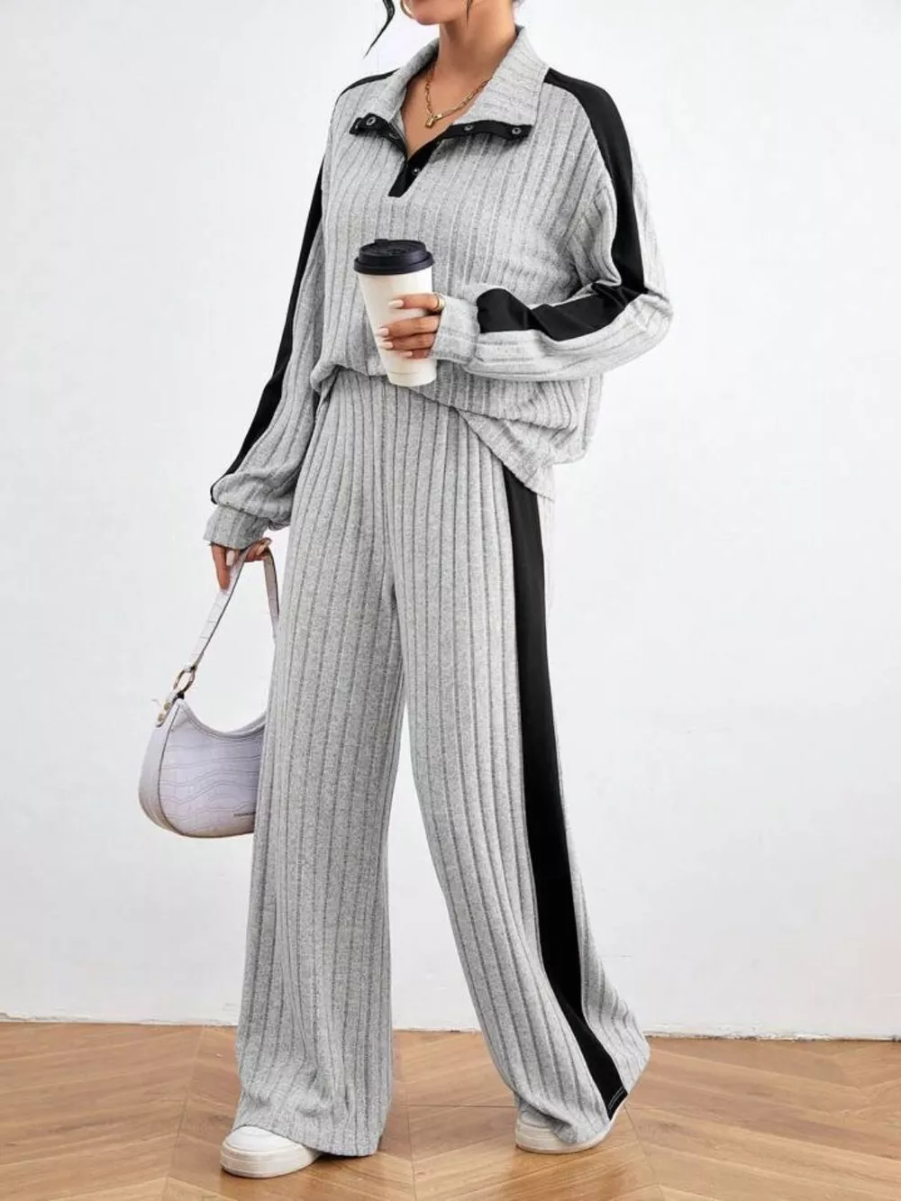 Contrast Collared Neck Long Sleeve Top and Pants Set, image 3