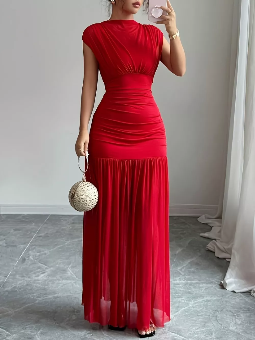 Ruched Cap Sleeve Maxi Dress, image 5