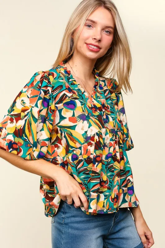 Full Size Frill Floral Puff Sleeve Peplum Blouse, image 5