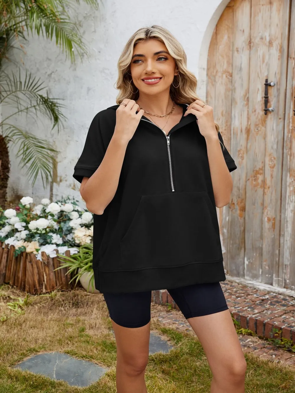 Half Zip Short Sleeve Hooded Top, image 19
