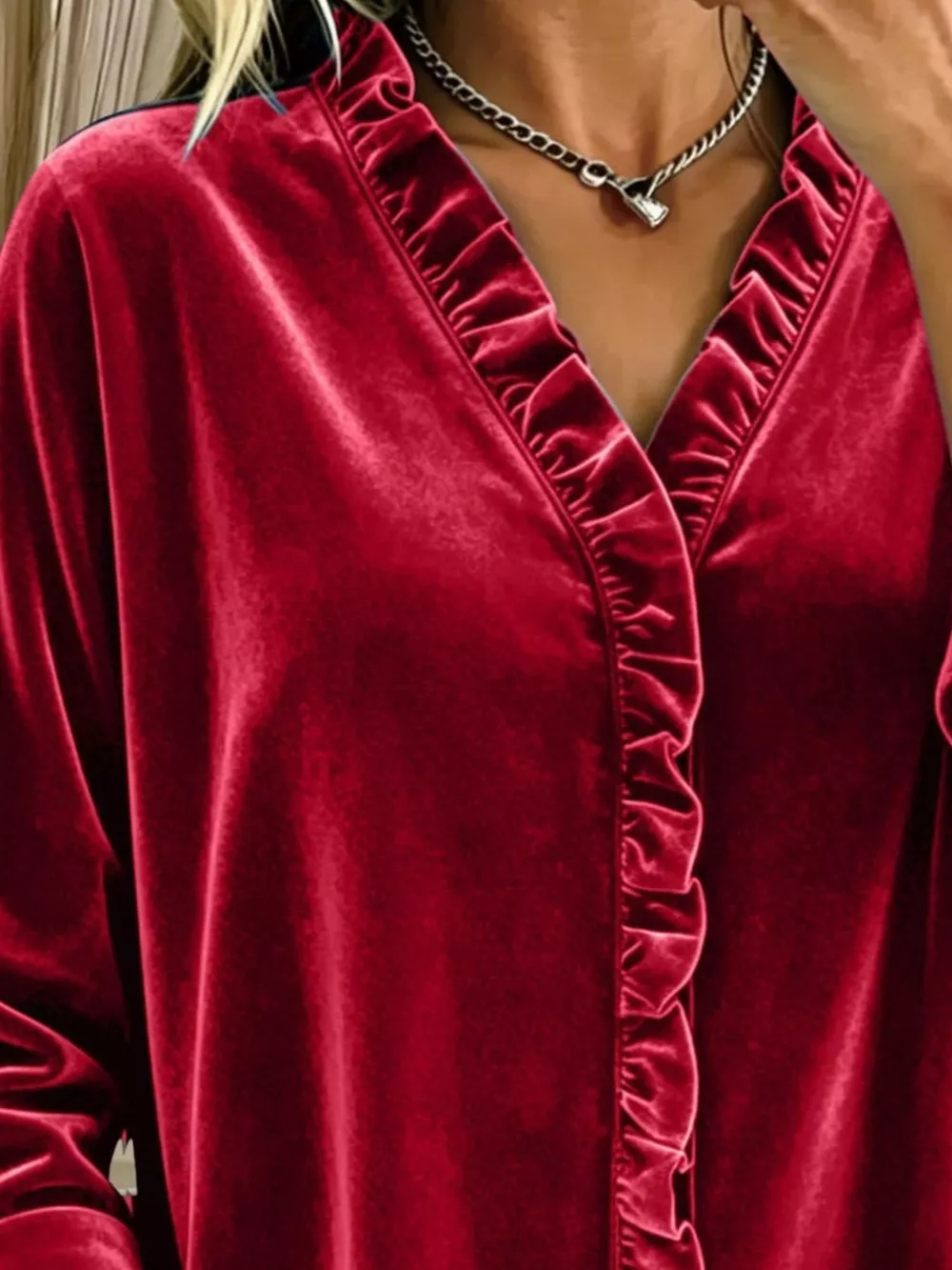 Velvet Frill V-Neck Blouse, image 11