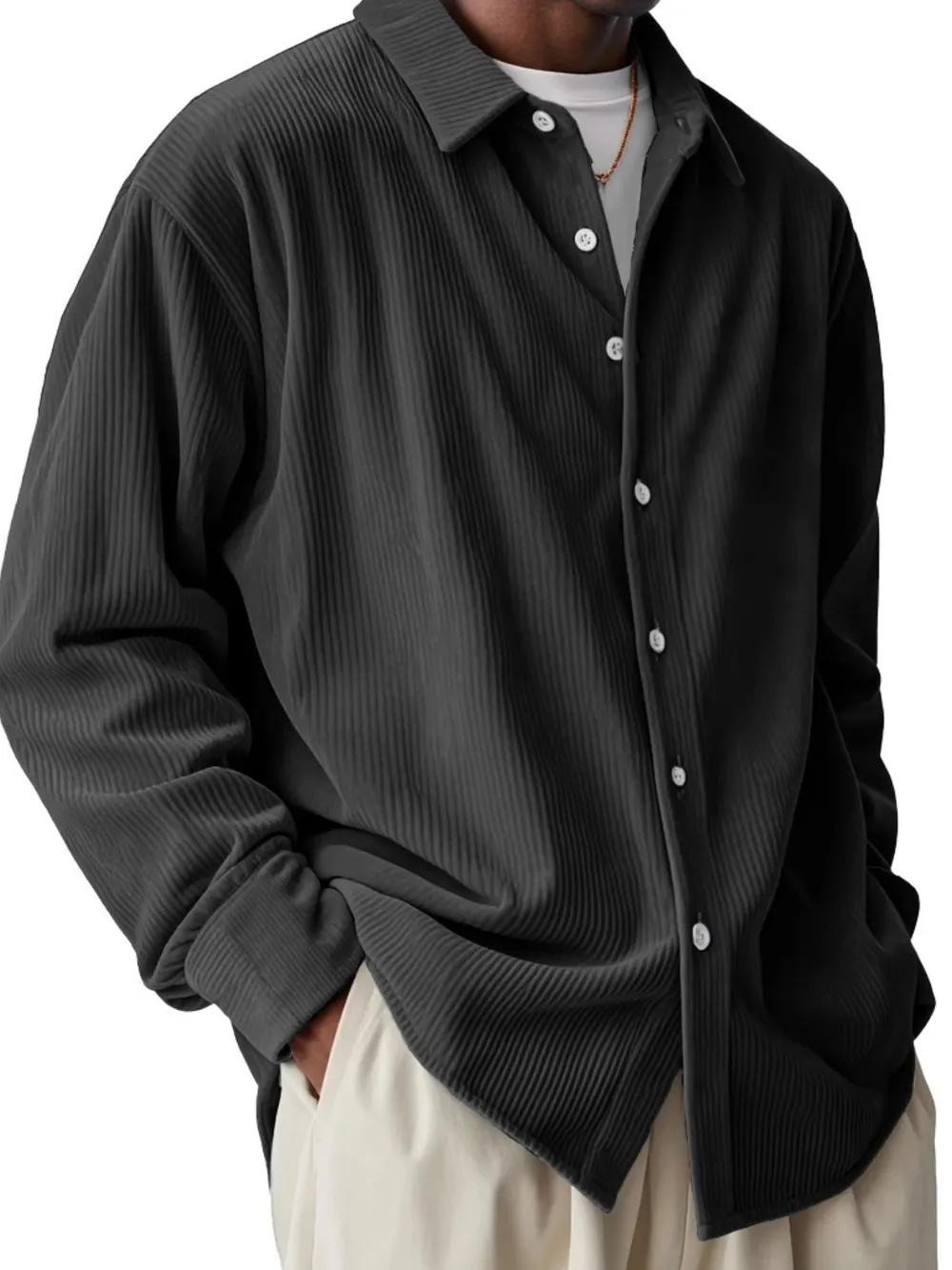 Men's Full Size Textured Button-Down Corduroy Shirt Plus Size, image 2