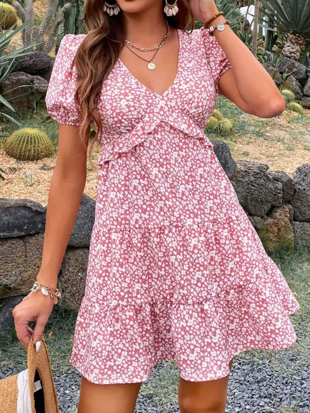 Floral Print Wrap Mini Dress with Puff Sleeves, image 6