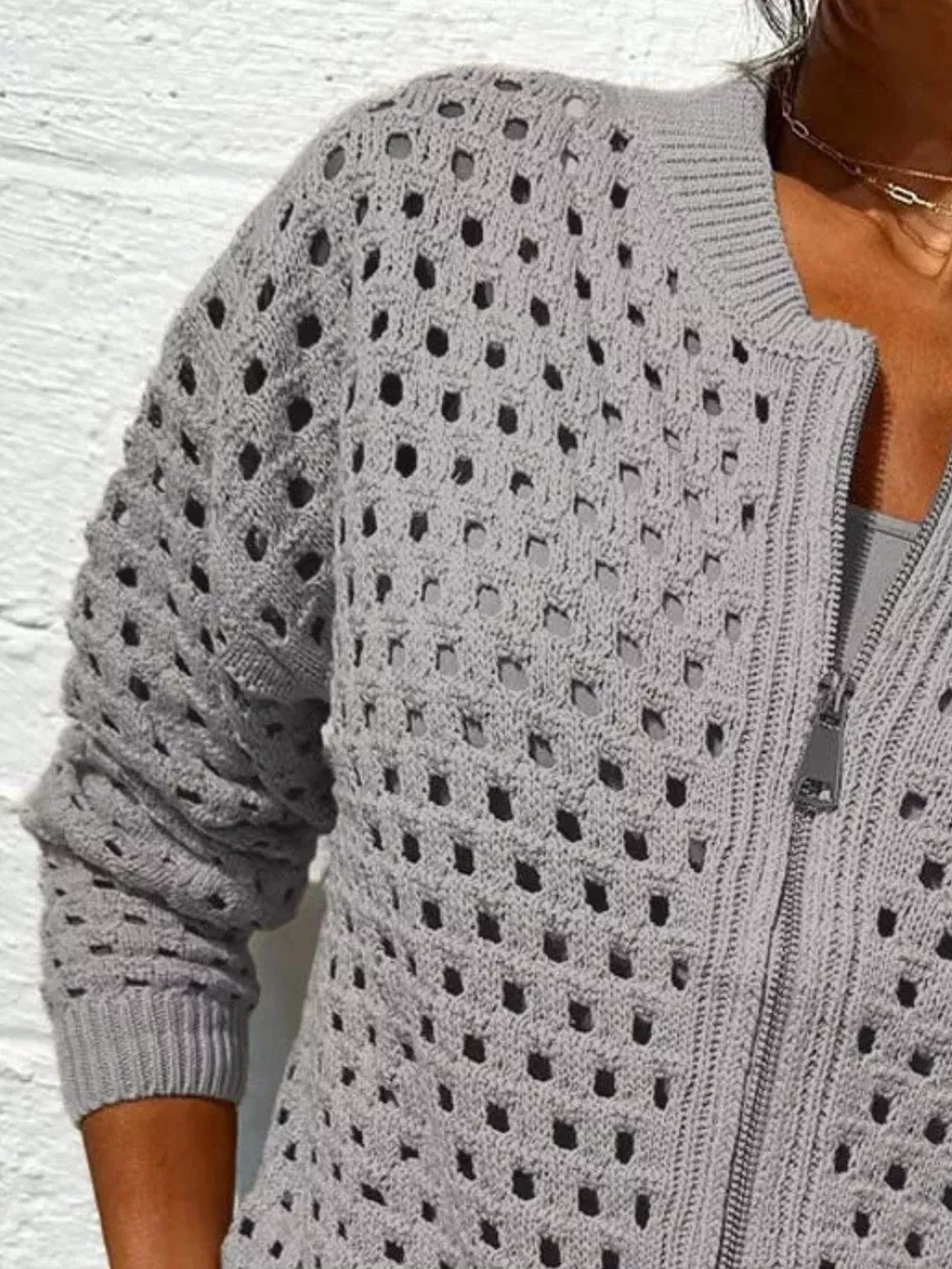 Full Size Zip Up Long Sleeve Cardigan with Eyelet Detail Plus Size, image 16