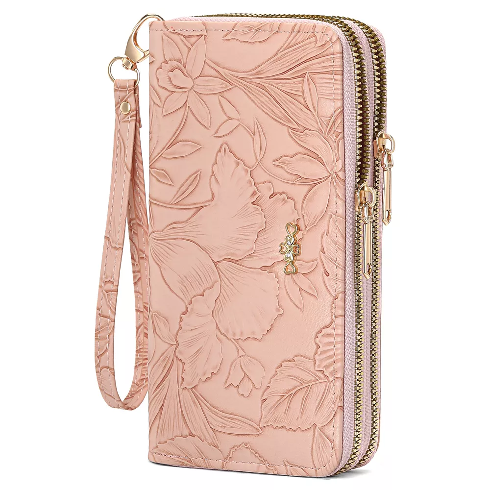 Embossed Floral Pattern Double Zipper Wallet, image 5
