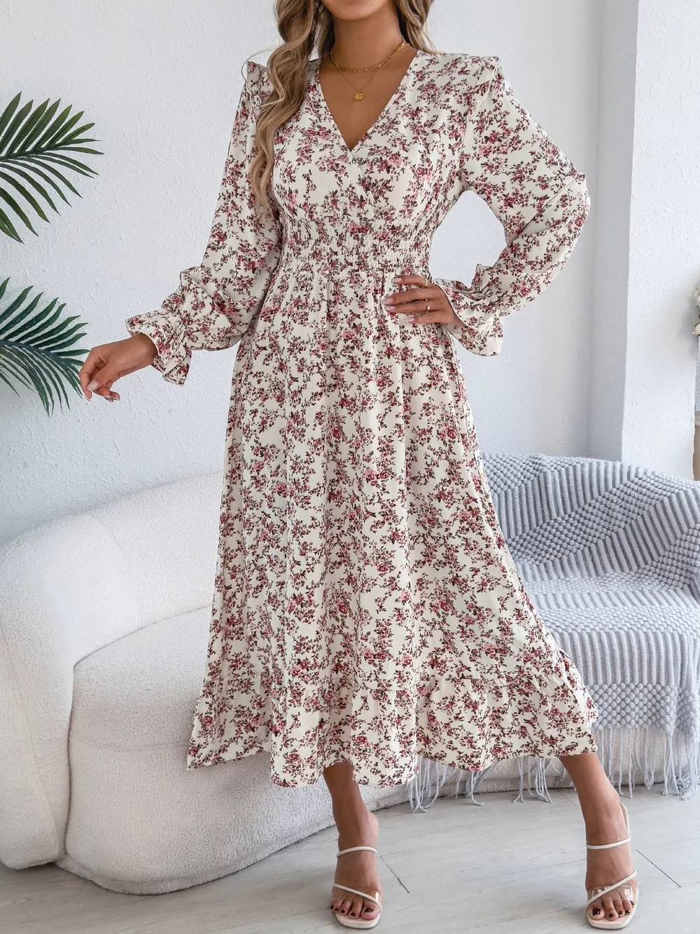 Ruffled Floral V-Neck Flounce Sleeve Dress, image 18