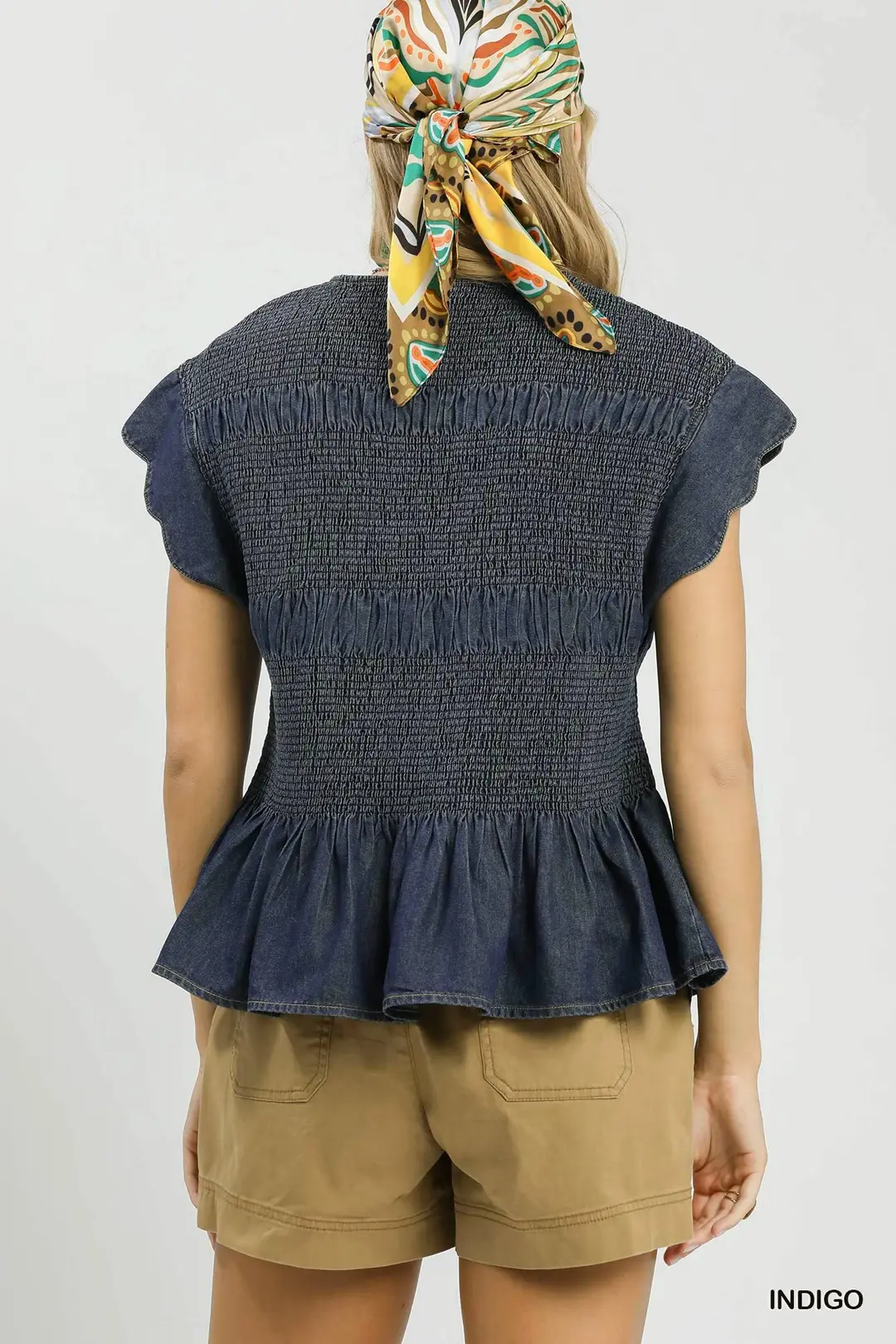 Smocked Peplum Top with Scalloped Ruffle Cap Sleeves, image 3