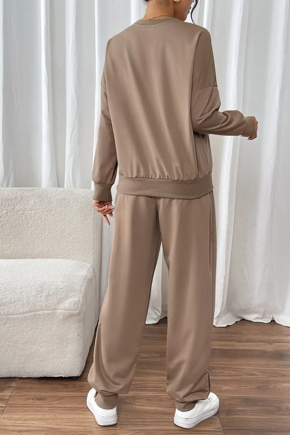 Round Neck Long Sleeve Top and Pants Set, image 2