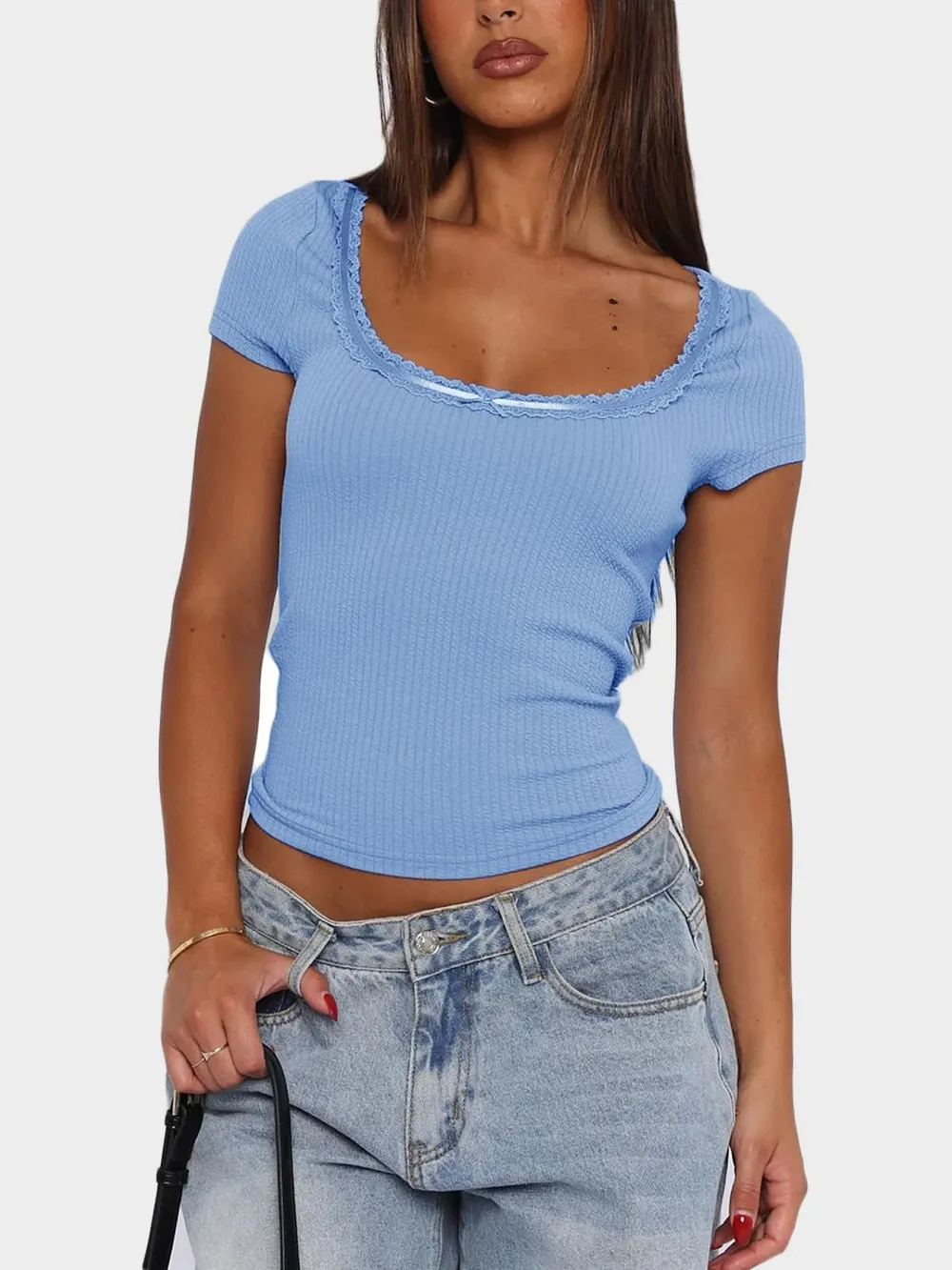 Lace Detail Scoop Neck Short Sleeve T-Shirt, image 7
