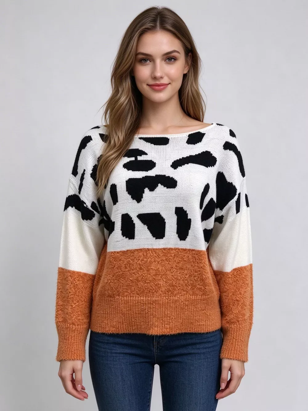 Full Size Off-Shoulder Colorblock Animal Print Sweater Plus Size, image 3