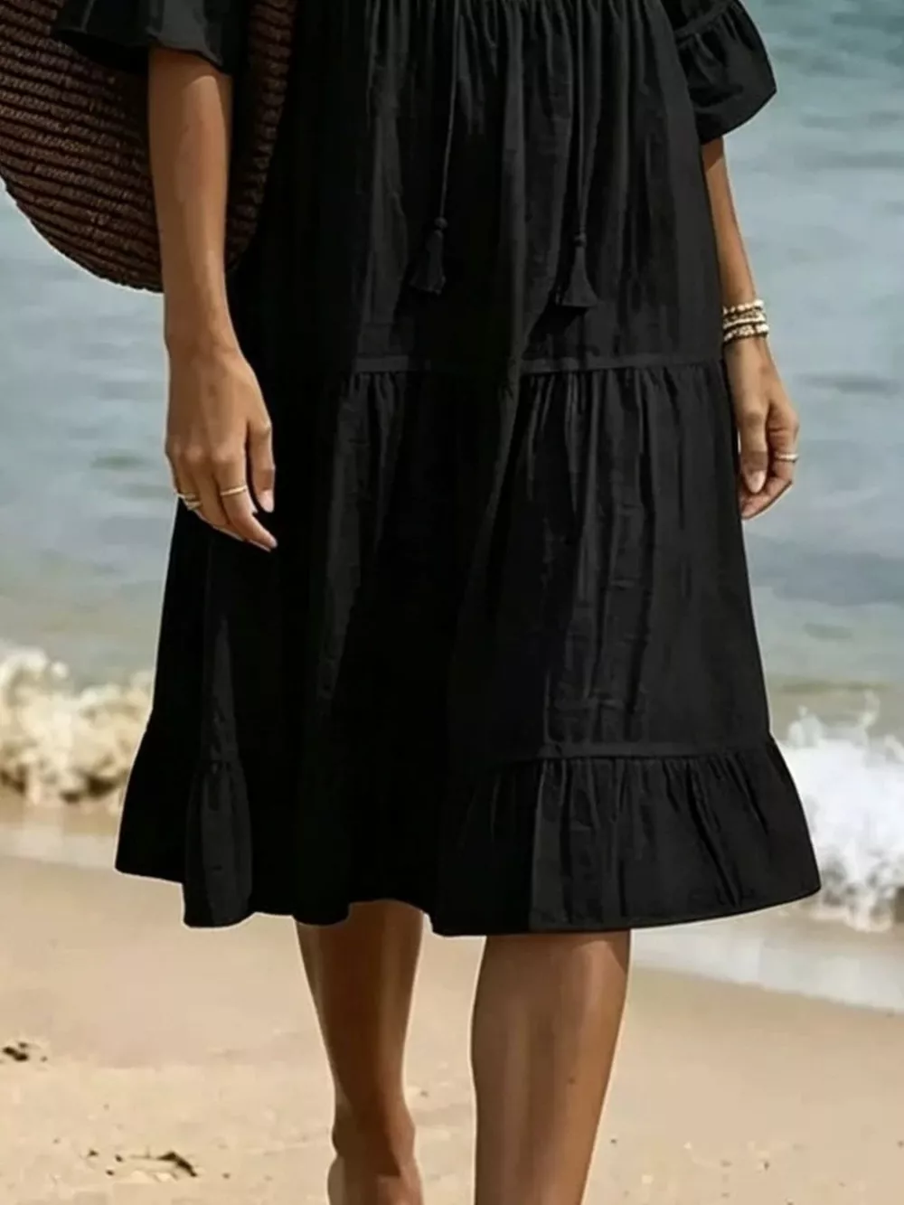 Full Size Tiered Tie Neck Flounce Sleeve Dress Plus Size, image 12