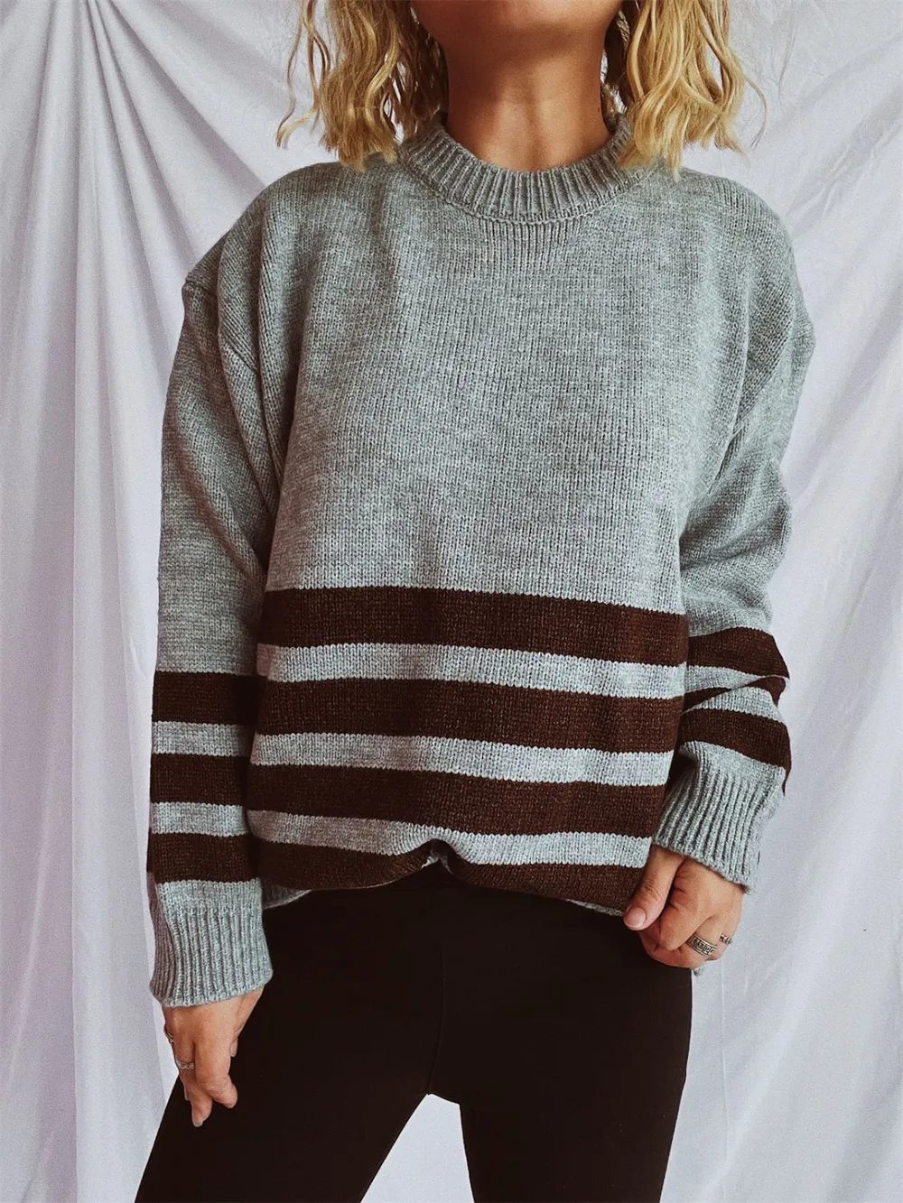 Striped Dropped Shoulder Long Sleeve Sweater, image 5