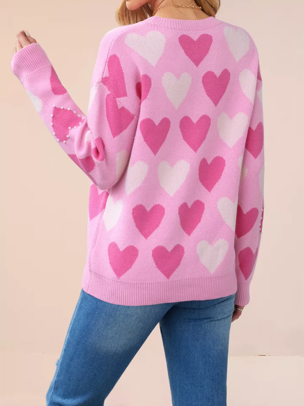 Heart Pattern Beaded Round Neck Sweater, image 4