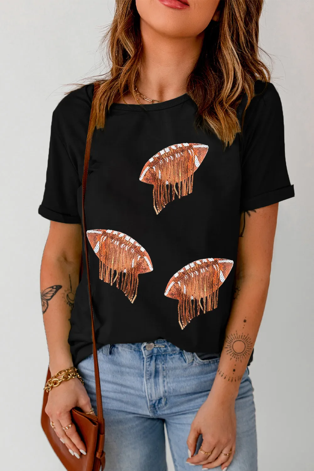 Sequin Football Round Neck Short Sleeve T-Shirt, image 3