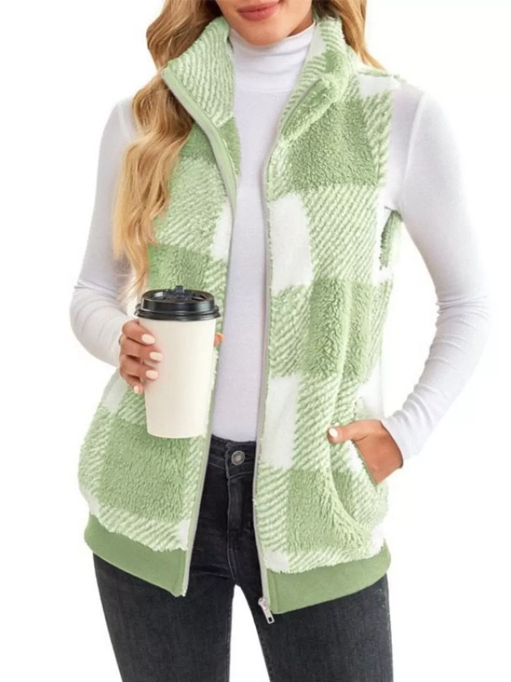 Full Size Color Block Zip Up Vest Coat Plus Size, image 13