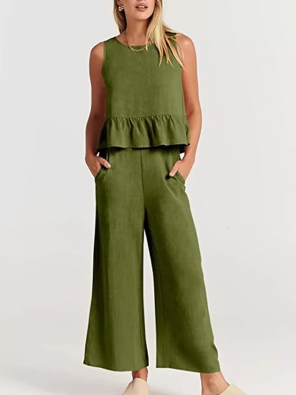 Full Size Ruffled Hem Sleeveless Top and Wide-Leg Pants Set Plus Size, image 5