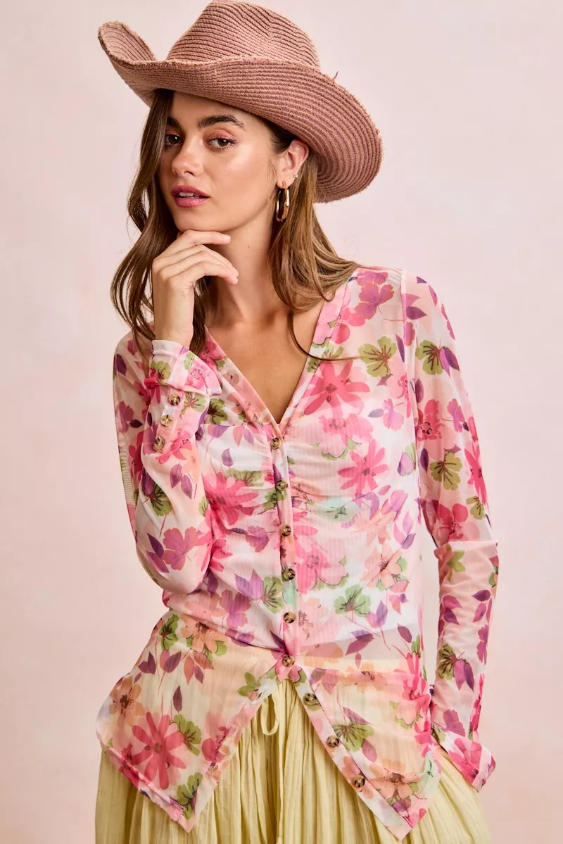 BiBi Floral Shrried Detail Button Up Mesh Cardigan Top, image 5