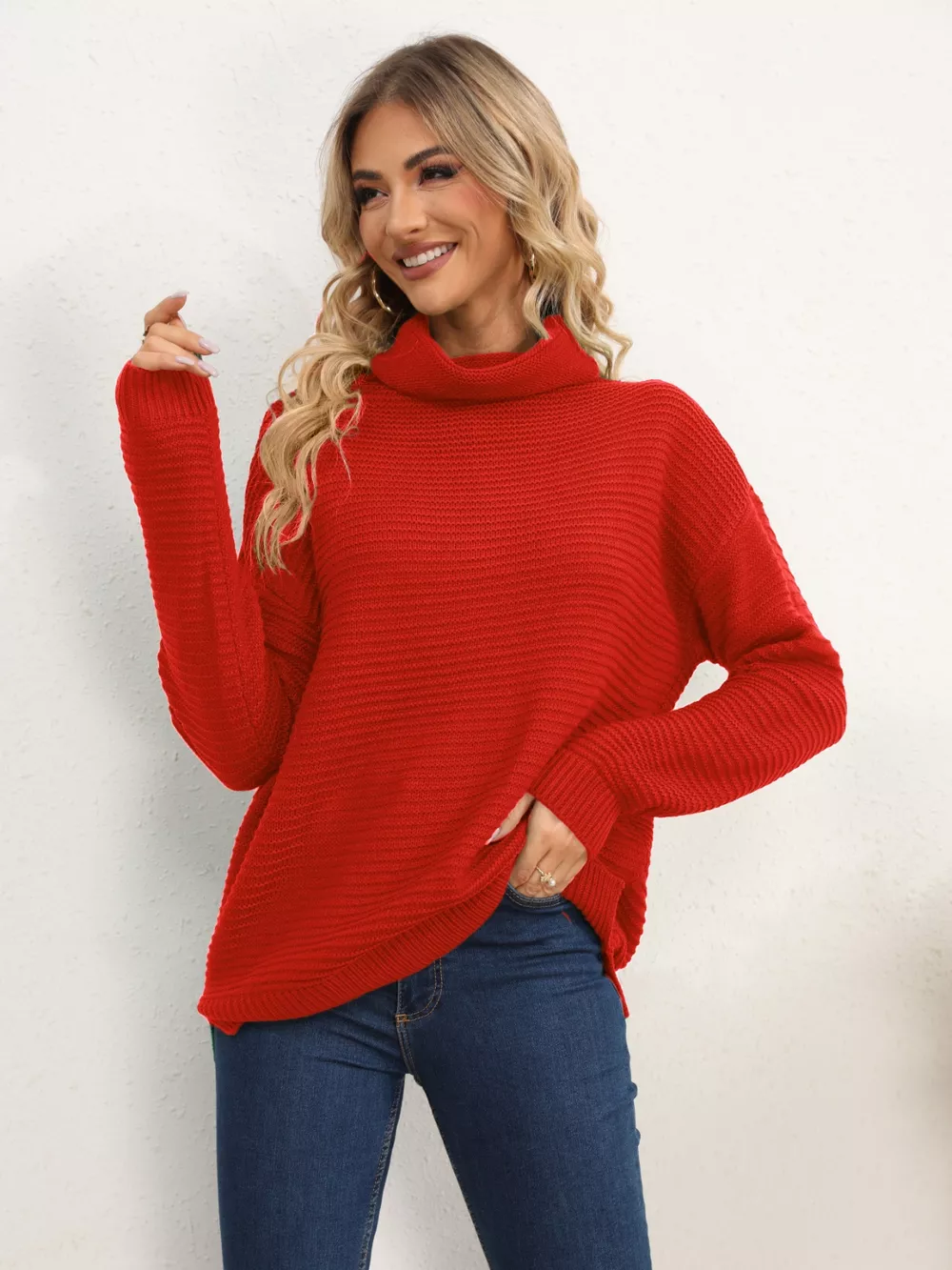 Slit Turtleneck Dropped Shoulder Sweater, image 8