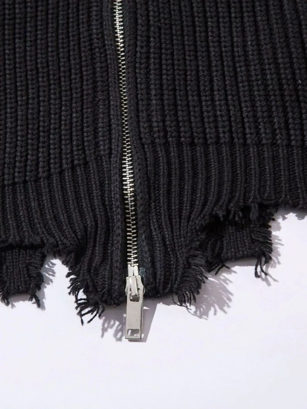 Men's Distressed Hem Ribbed Knit Zip-Up Cardigan, image 6