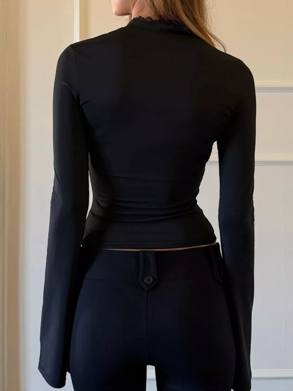 Lace-Trimmed Keyhole Long Sleeve T-Shirt, image 10