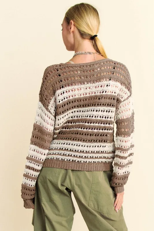 Contrast Striped Crochet Drop Shoulder Knit Cover Up, image 2