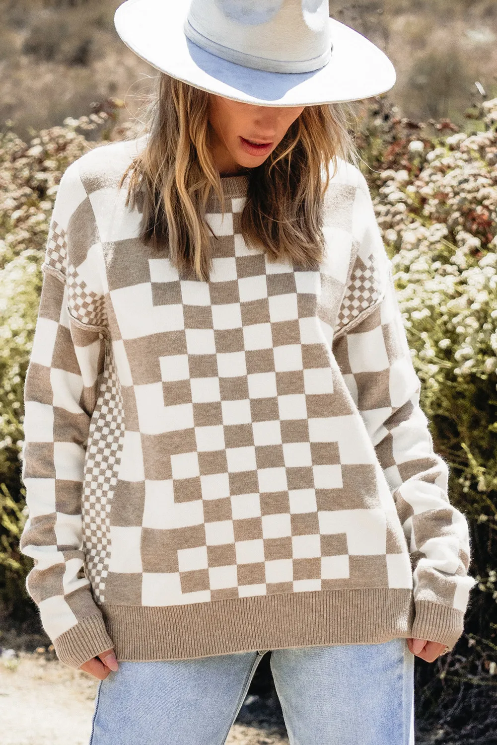 Checkered Round Neck Long Sleeve Sweater, image 14