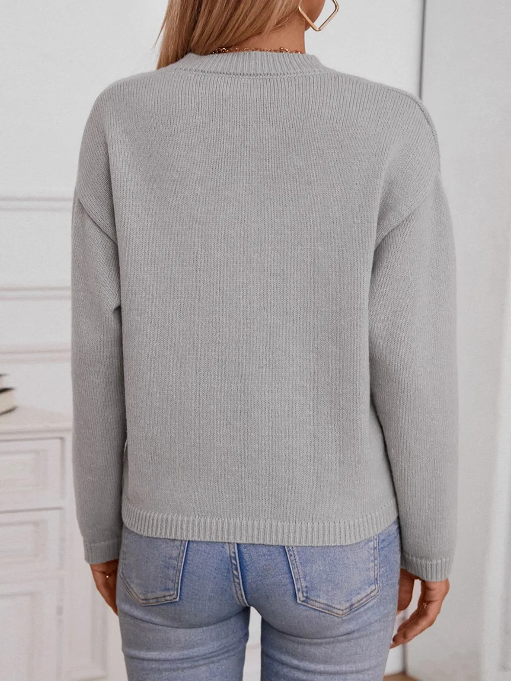 Pocketed Notched Long Sleeve Knit Top, image 3
