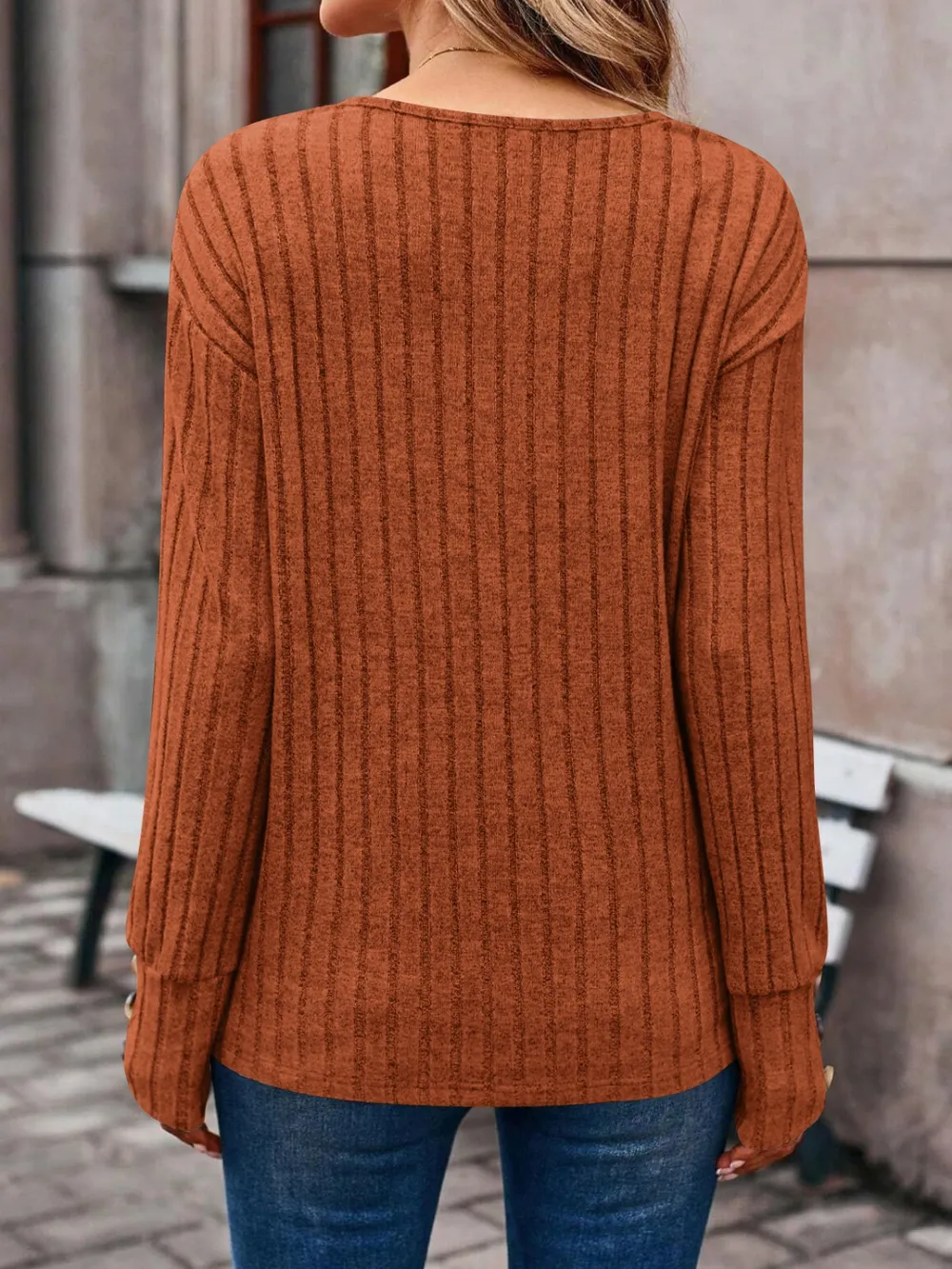 Decorative Button V-Neck Long Sleeve T-Shirt, image 3