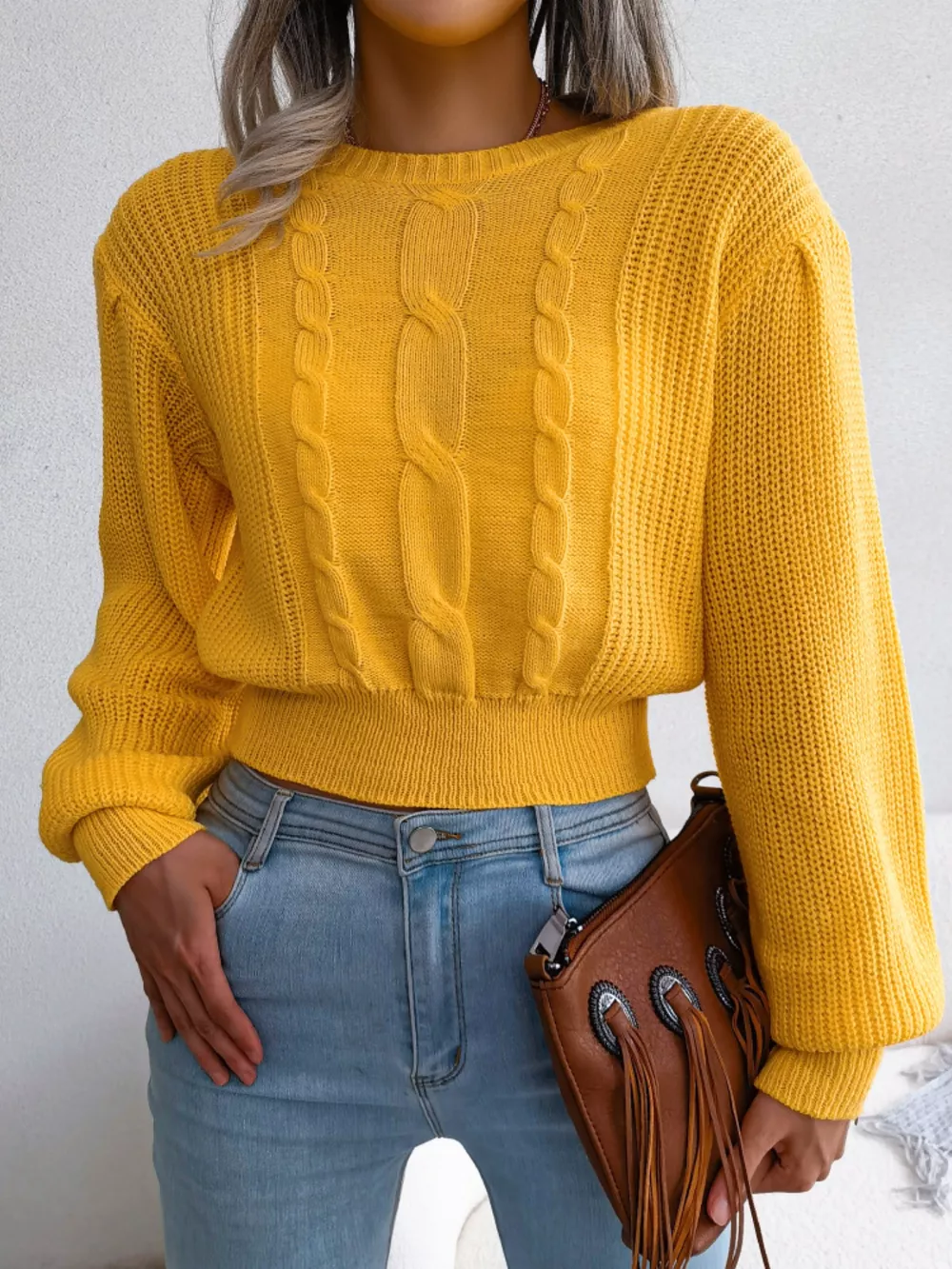 Cable Knit Round Neck Cropped Sweater, image 3