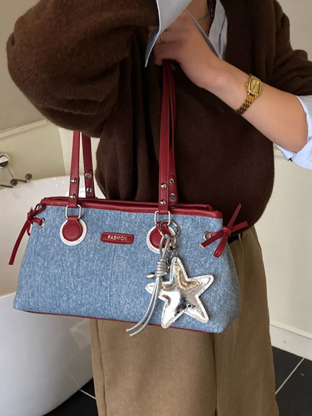 Denim Shoulder Bag with Star Charm, image 4