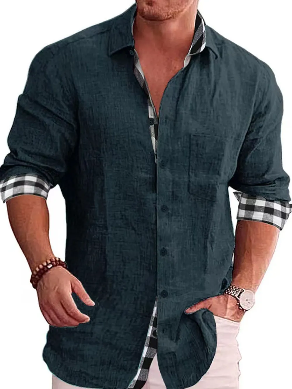Men's Full Size Casual Linen Plaid-Trim Button Down Shirt Plus Size, image 9