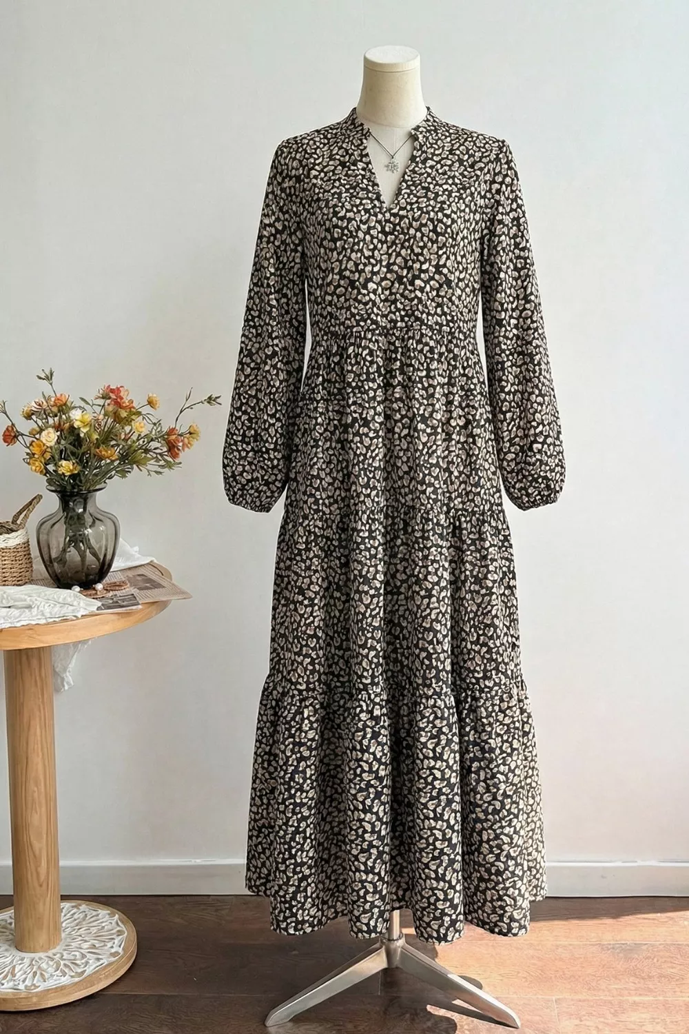 Leopard Notched Balloon Sleeve Dress, image 8