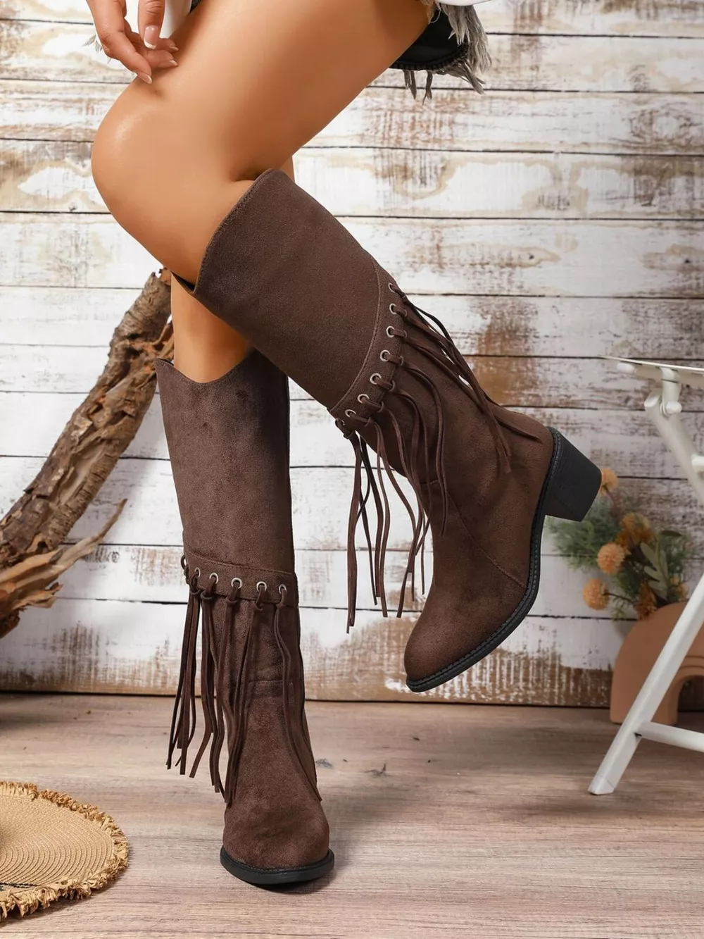 Fringe Point Toe Block Heels Boots, image 4