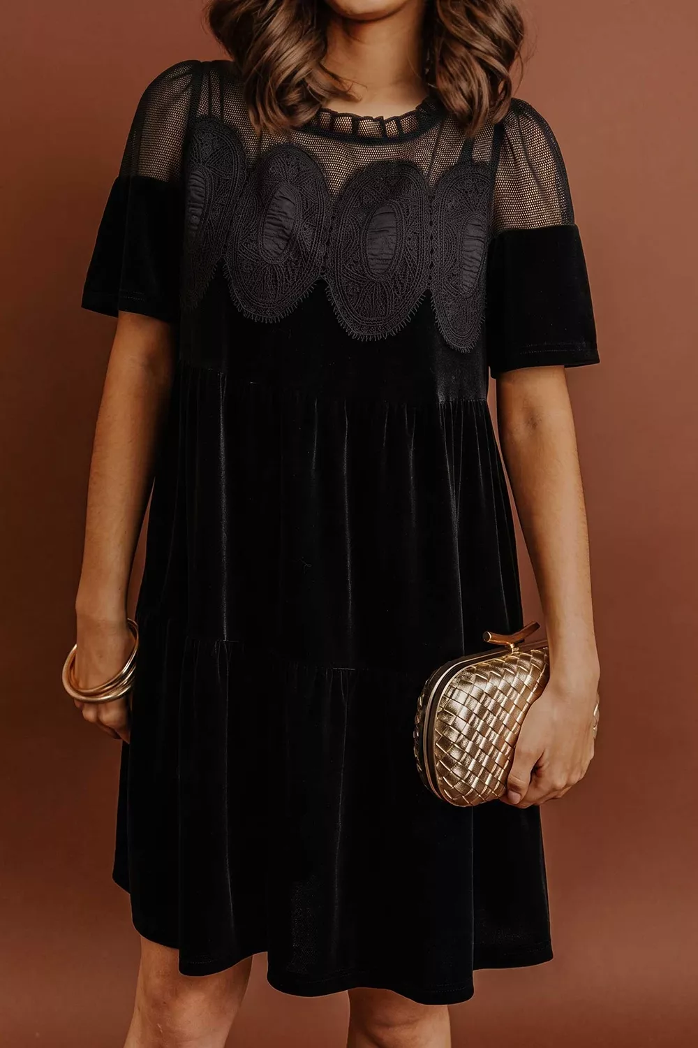 Embroidered Velvet Short Sleeve Mini Shift Dress, image 3