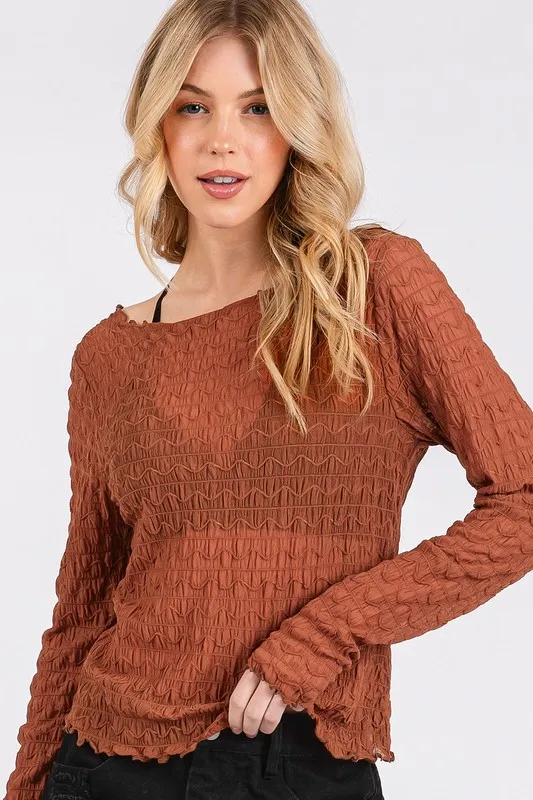 Lettuce Hem Boat Neck Long Sleeve Blouse, image 4