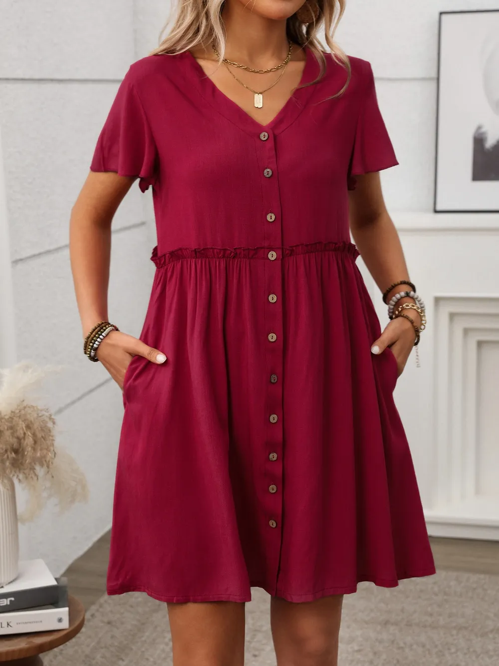 Button Front Flutter Sleeve Dress, image 25