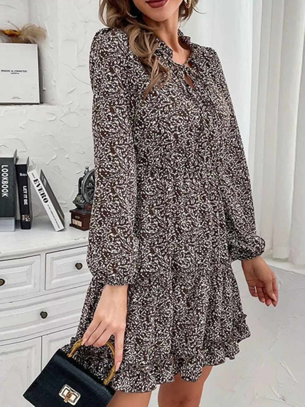 Ruffle Hem Tie Neck Mini Dress, image 5