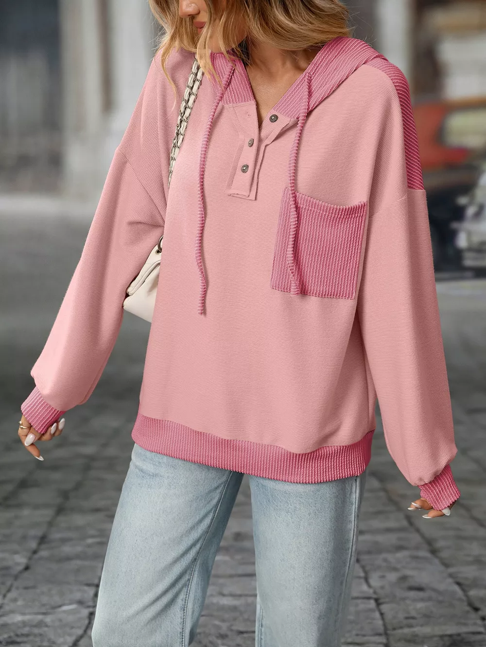 Casual Color Block Button Detail Hoodie, image 9