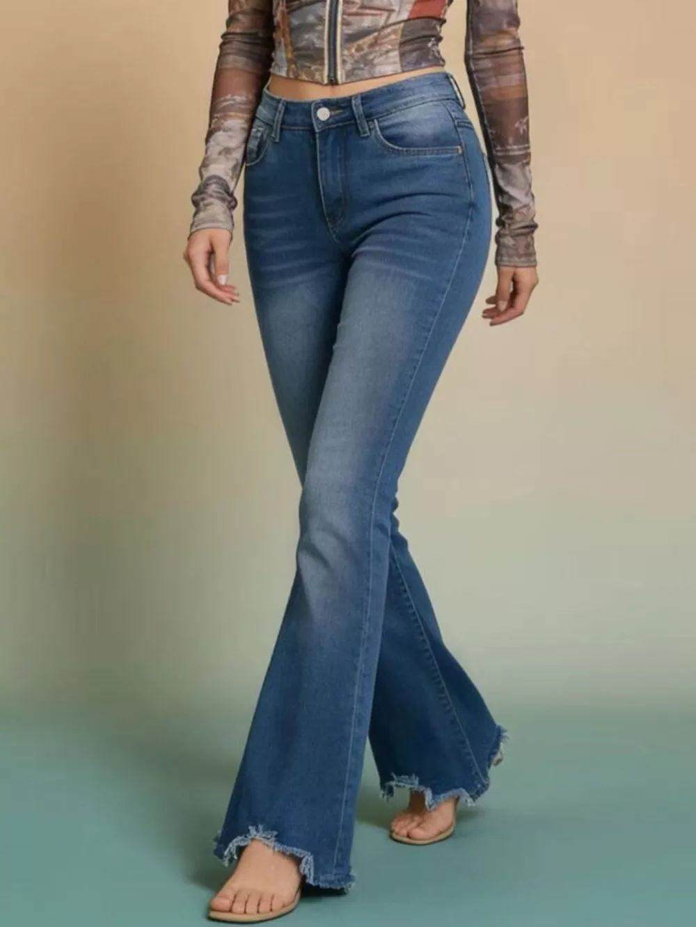 Raw Hem High-Waisted Flare Jeans, image 2