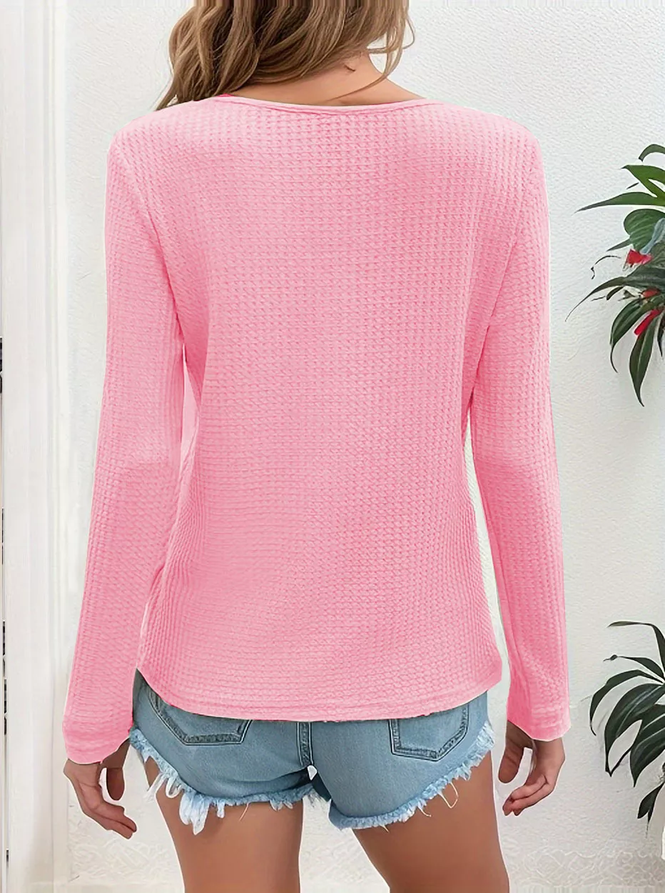 Waffle Knit Button-Detail V-Neck T-Shirt, image 7