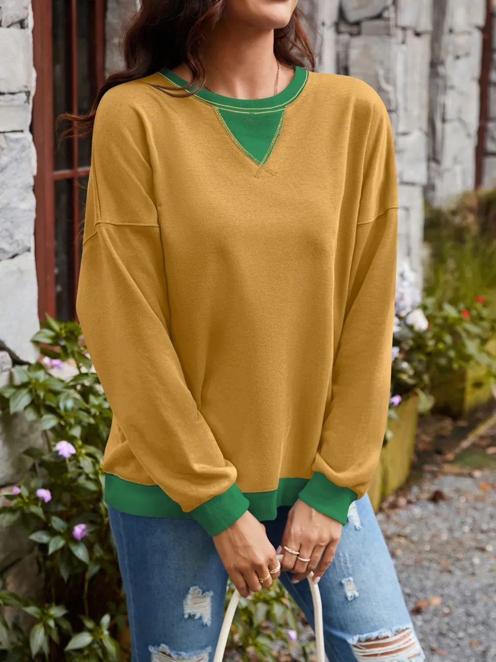 Contrast Round Neck Long Sleeve Sweatshirt, image 3
