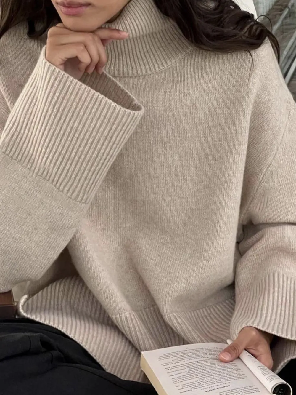 Side Slit Turtleneck Drop Shoulder Sweater, image 5