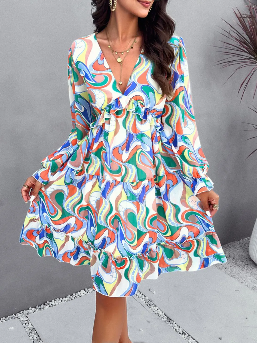Backless Printed V-Neck Flounce Sleeve Dress, image 4