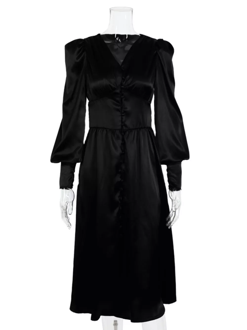 Elegant V-Neck Puff Sleeve Button-Down Midi Dress, image 18
